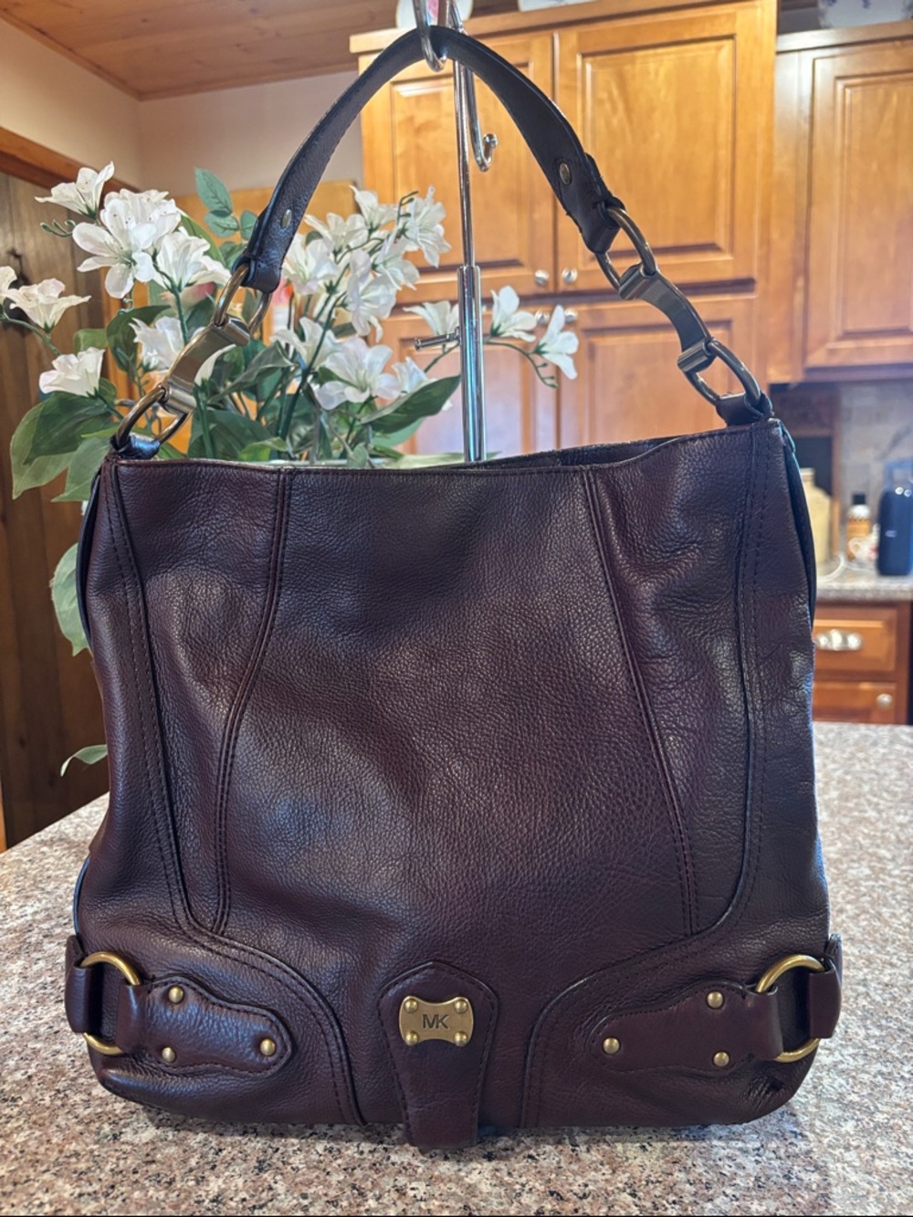 Michael Kors Dark Brown Pebbled Leather Shoulder Bag with Gold Hardware